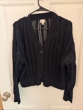 a new day Black Open-Knit V-Neck Button Cardigan